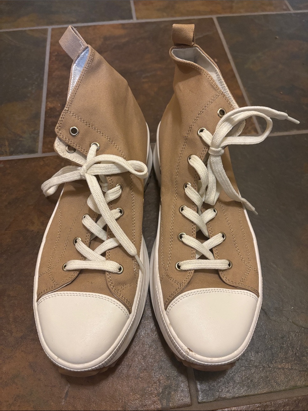 Beige Canvas Platform High-Top Sneakers with White Toe Caps